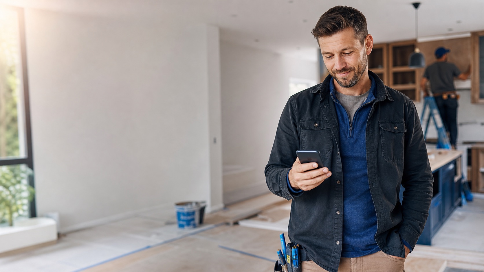 Contractor reviewing a website contact on a phone