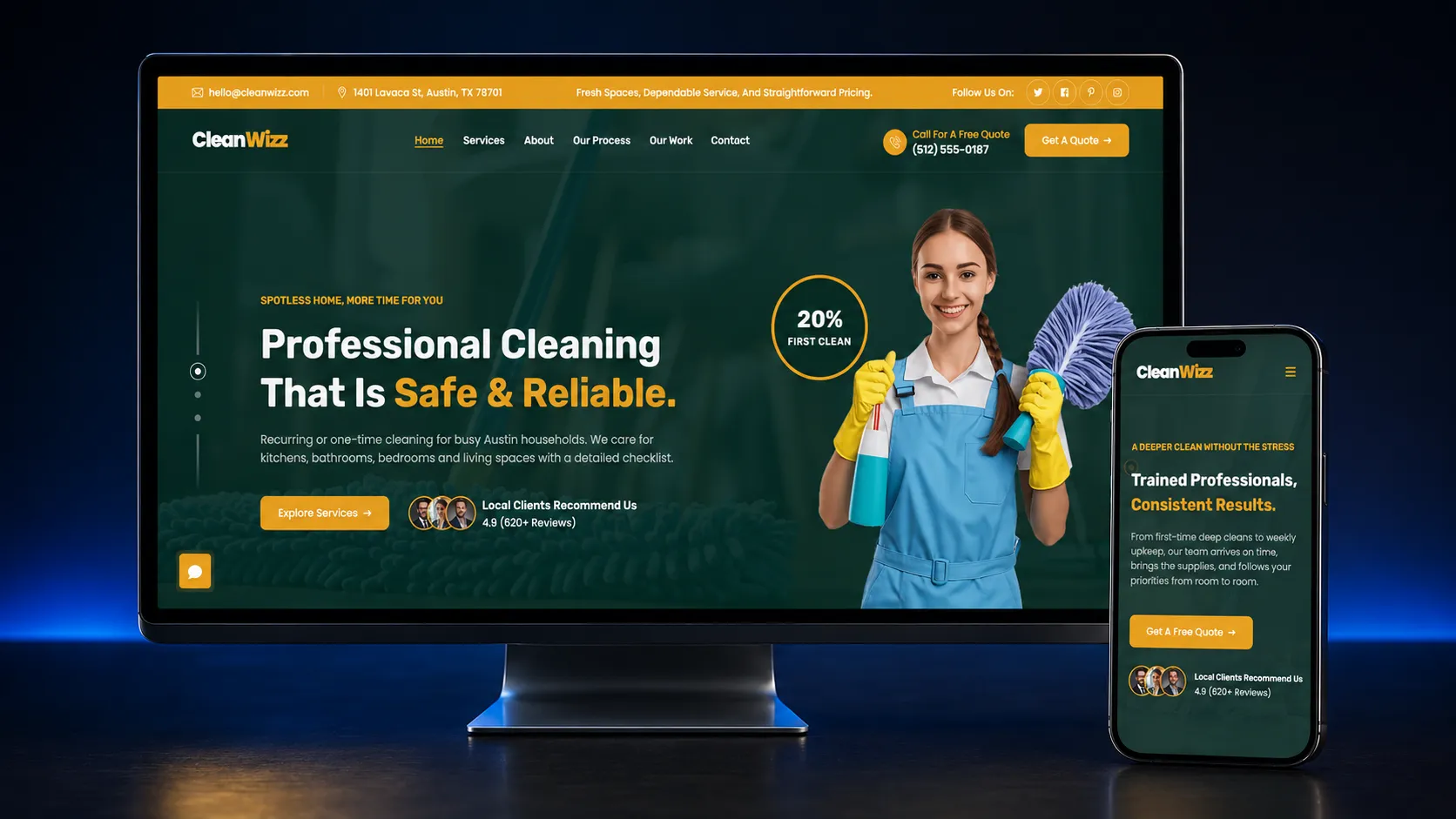 CleanWizz cleaning website concept shown on desktop and mobile