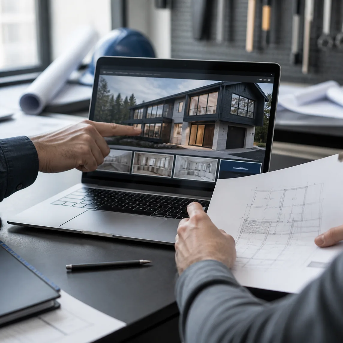 Contractor showing a completed home project on a laptop
