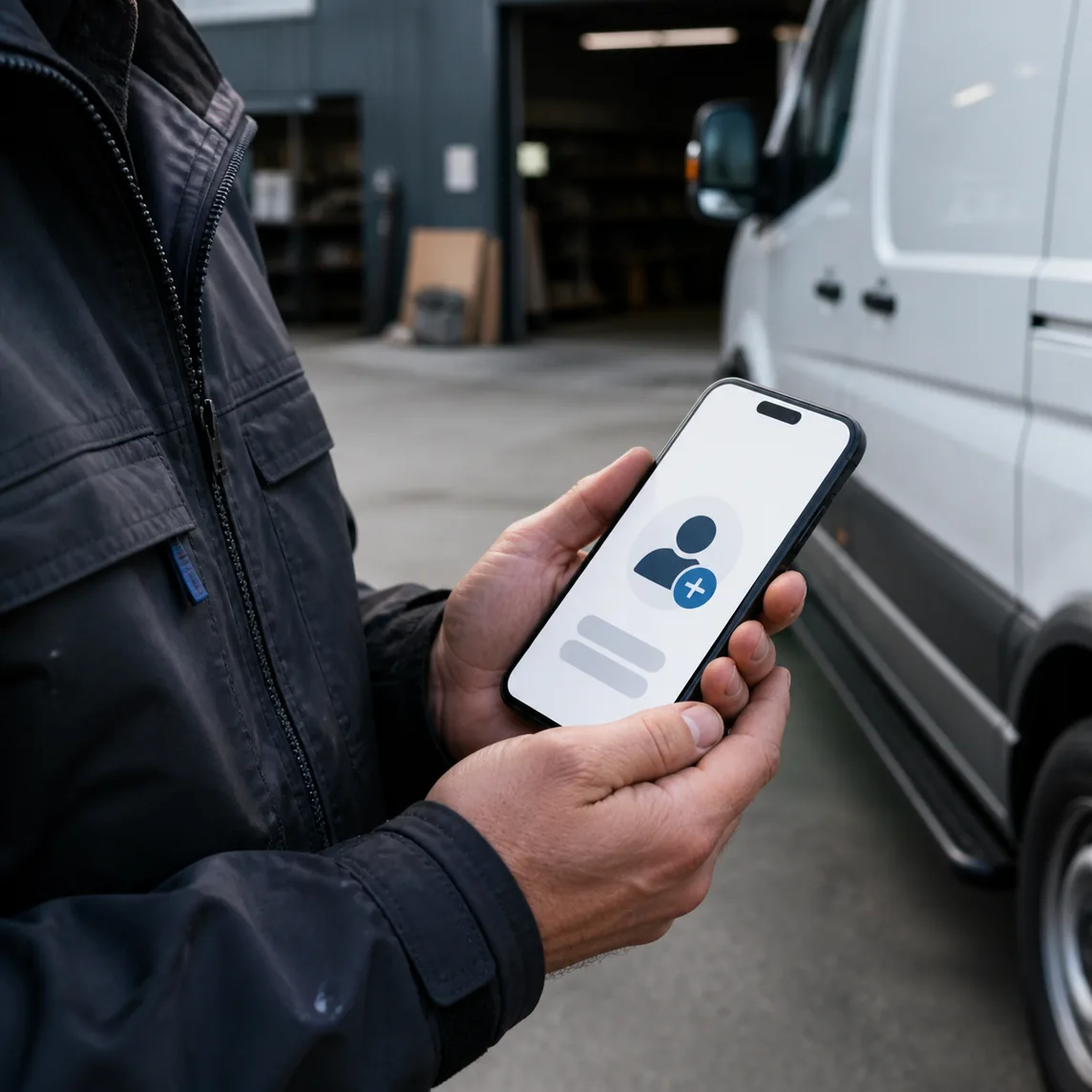 Contractor checking a new customer request on a phone beside a work van