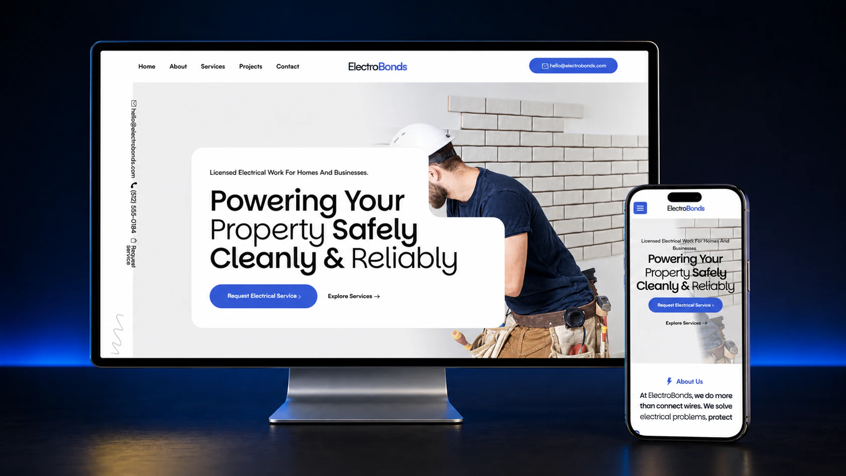 ElectroBonds electrician website concept shown on desktop and mobile
