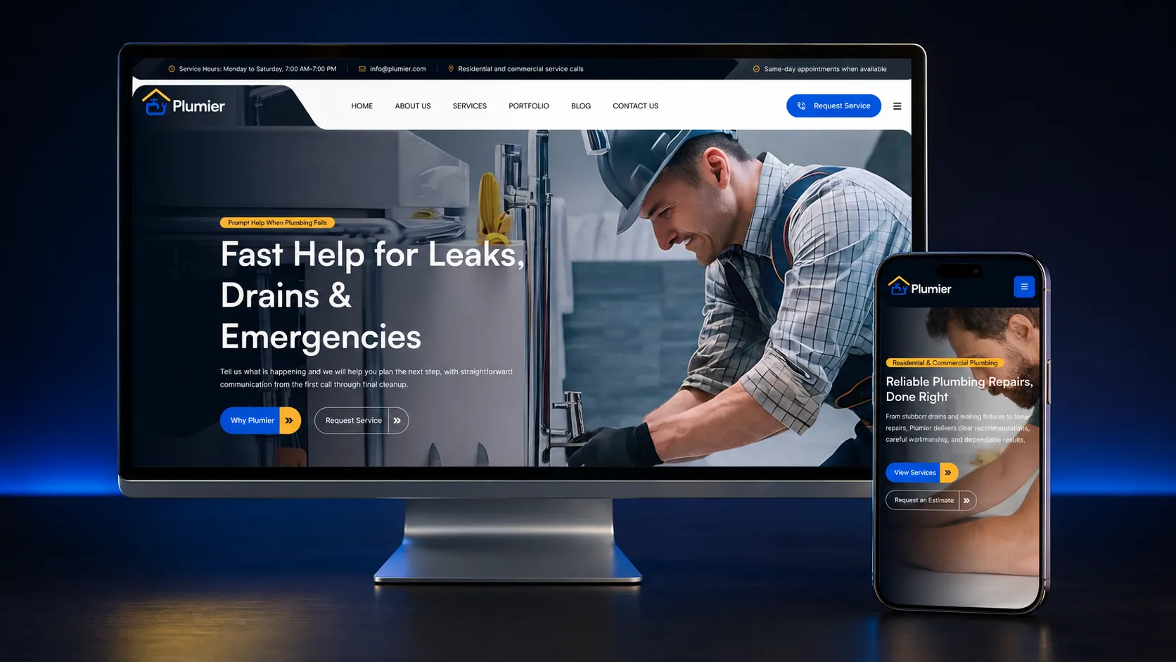 Plumier plumbing website concept shown on desktop and mobile