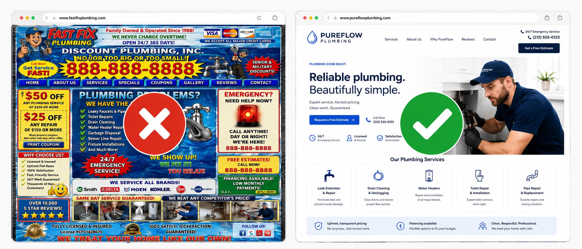 Before-and-after comparison of a cluttered plumbing website and a clean modern redesign