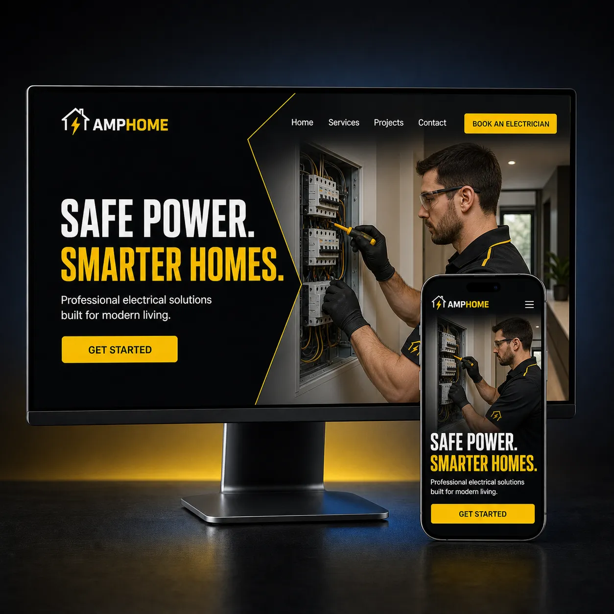 ApmHome electrical website shown on desktop and mobile