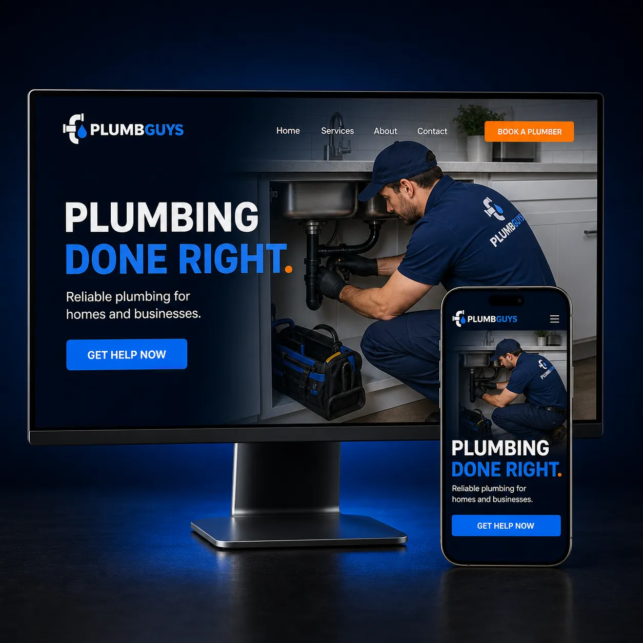 PlumbGuys plumbing website shown on desktop and mobile